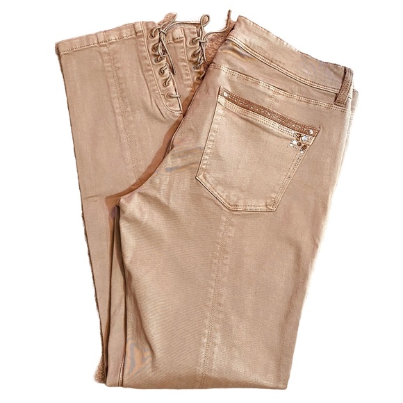 NWT WHBM Saint Honore Western rhinestone embellished lace up ankle skinny tan 10 - Picture 9 of 14